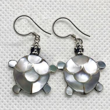 ER 05326 S-MP-(SMALL HANDMADE 925 BALI SILVER TURTLE EARRINGS WITH MOTHER OF PEARL)